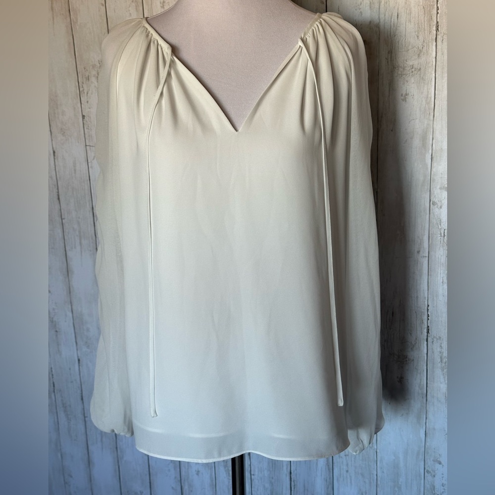 White House Black Market White Blouse with Sleeve Detail and Front Tie